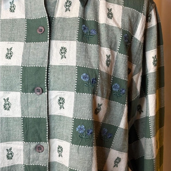 Fashion Bug Green and White Plaid Shirt with Blue Floral Accents - Picture 6 of 8